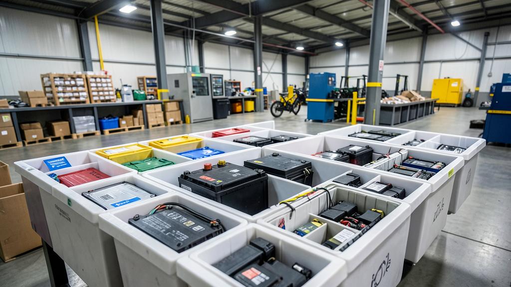 Accu's en batterijen gesorteerd in inzamelboxen in een sorteercentrum