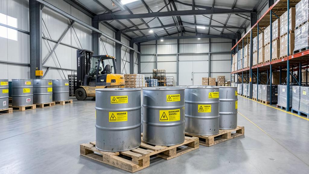 Industriële hal met gelabelde chemische vaten op pallets en een heftruck