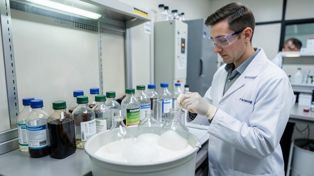 Laborant sorteert reagentiaflessen in een lab-pack vat