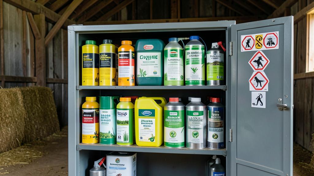 Gewasbeschermingsmiddelen in een afgesloten chemicalienkast op een boerderij