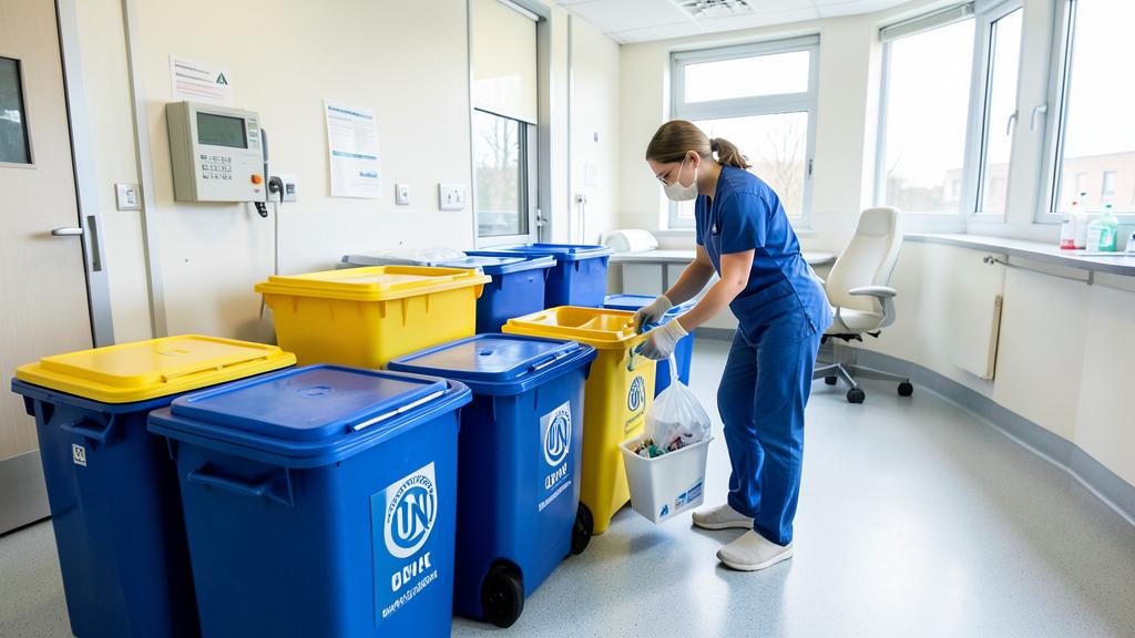 Zorgmedewerker sorteert medisch afval in blauwe en gele SZA-vaten