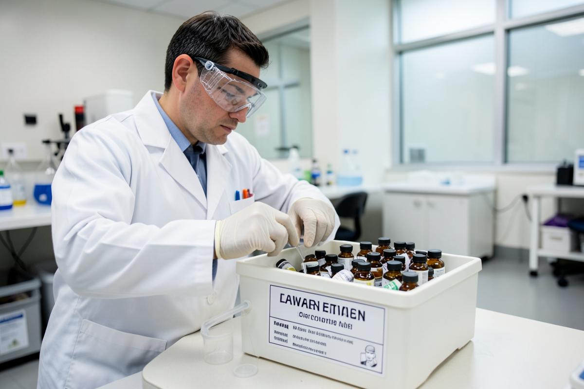Laborant sorteert chemicaliënflessen in een lab-small-pack