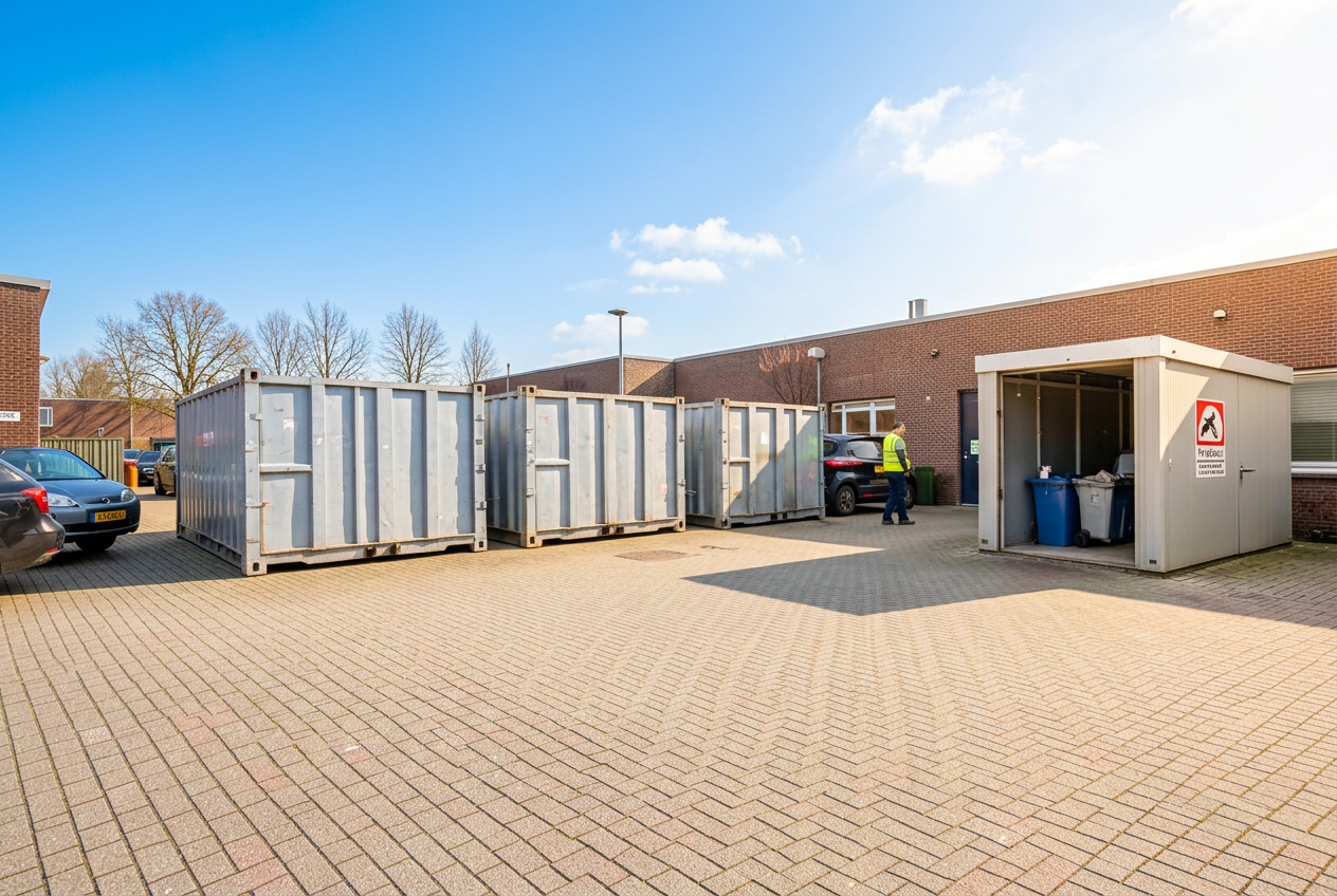 Milieustraat met containers en een depot voor klein chemisch afval