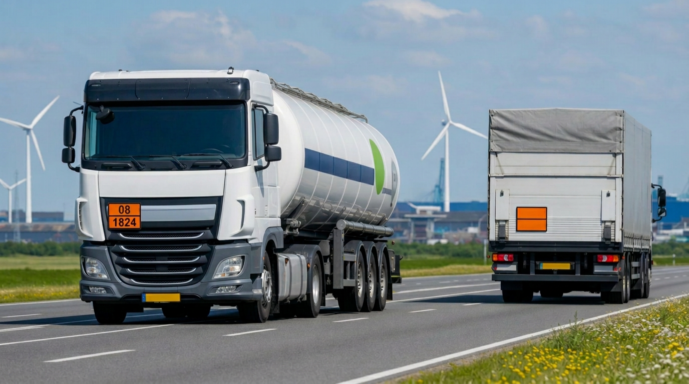 ADR-tankwagen en bakwagen bij een overslagterminal voor gevaarlijk afval